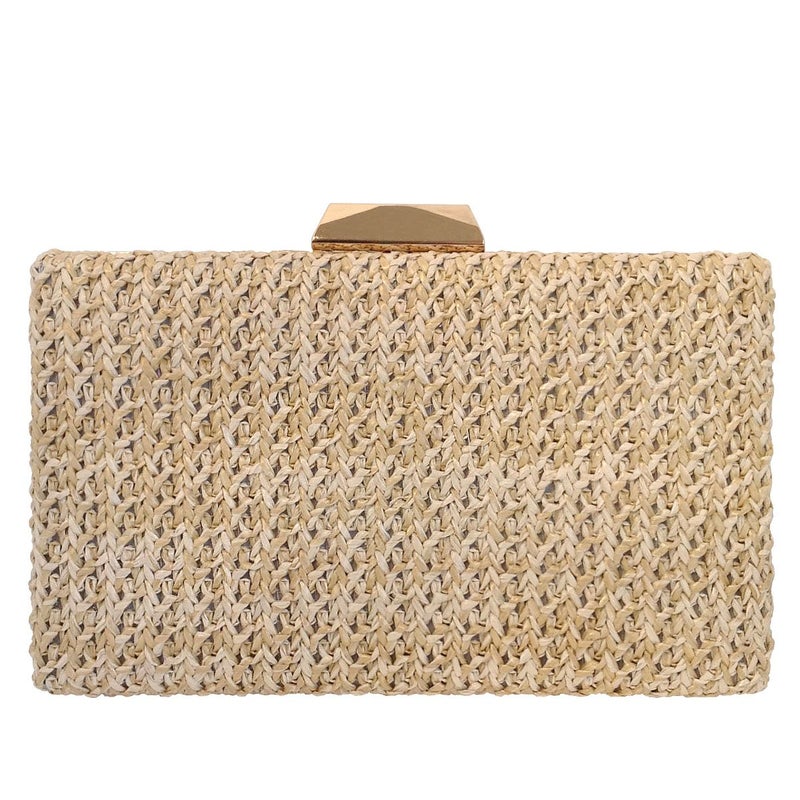 JNB Natural Straw Box Clutch, Natural Medium - Image 1